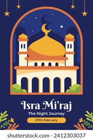 Al Isra Wal Miraj background. isra miraj celebration. The night journey of the Prophet Muhammad. February 7. Cartoon Vector illustration design for Poster, Banner, Greeting, Card, Flyer, Post, Cover.