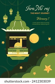 Al Isra Wal Miraj background. isra miraj celebration. The night journey of the Prophet Muhammad. February 7. Cartoon Vector illustration design for Poster, Banner, Greeting, Card, Flyer, Post, Cover.