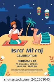 Al Isra Wal Miraj de fondo. celebración de isra miraj. El viaje nocturno del Profeta Mahoma. 7 de febrero. Diseño de ilustración de vectores de caricatura para afiches, banner, saludo, tarjeta, volante, publicación, portada.