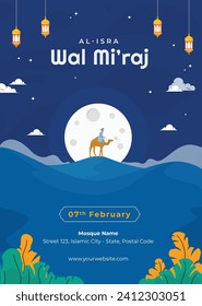 Al Isra Wal Miraj background. isra miraj celebration. The night journey of the Prophet Muhammad. February 7. Cartoon Vector illustration design for Poster, Banner, Greeting, Card, Flyer, Post, Cover.