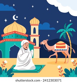 Al Isra Wal Miraj background. isra miraj celebration. The night journey of the Prophet Muhammad. February 7. Cartoon Vector illustration design for Poster, Banner, Greeting, Card, Flyer, Post, Cover.