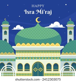 Al Isra Wal Miraj background. isra miraj celebration. The night journey of the Prophet Muhammad. February 7. Cartoon Vector illustration design for Poster, Banner, Greeting, Card, Flyer, Post, Cover.