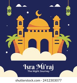 Al Isra Wal Miraj background. isra miraj celebration. The night journey of the Prophet Muhammad. February 7. Cartoon Vector illustration design for Poster, Banner, Greeting, Card, Flyer, Post, Cover.