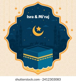 Al Isra Wal Miraj background. isra miraj celebration. The night journey of the Prophet Muhammad. February 7. Cartoon Vector illustration design for Poster, Banner, Greeting, Card, Flyer, Post, Cover.