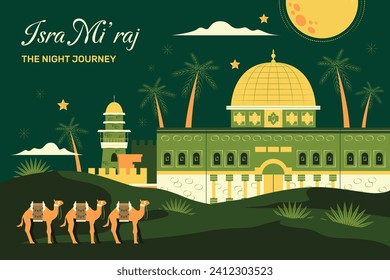 Al Isra Wal Miraj background. isra miraj celebration. The night journey of the Prophet Muhammad. February 7. Cartoon Vector illustration design for Poster, Banner, Greeting, Card, Flyer, Post, Cover.