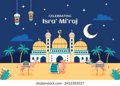 Al Isra Wal Miraj background. isra miraj celebration. The night journey of the Prophet Muhammad. February 7. Cartoon Vector illustration design for Poster, Banner, Greeting, Card, Flyer, Post, Cover.