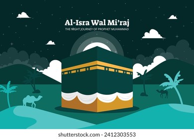 Al Isra Wal Miraj background. isra miraj celebration. The night journey of the Prophet Muhammad. February 7. Cartoon Vector illustration design for Poster, Banner, Greeting, Card, Flyer, Post, Cover.