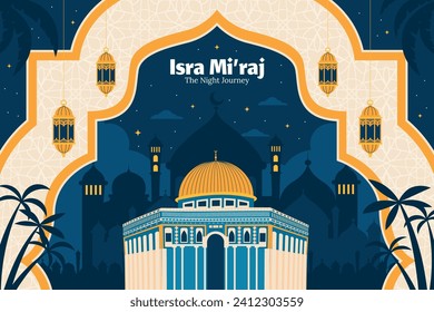 Al Isra Wal Miraj background. isra miraj celebration. The night journey of the Prophet Muhammad. February 7. Cartoon Vector illustration design for Poster, Banner, Greeting, Card, Flyer, Post, Cover.