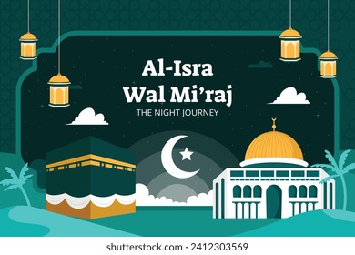 Al Isra Wal Miraj de fondo. celebración de isra miraj. El viaje nocturno del Profeta Mahoma. 7 de febrero. Diseño de ilustración de vectores de caricatura para afiches, banner, saludo, tarjeta, volante, publicación, portada.