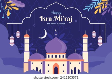 Al Isra Wal Miraj background. isra miraj celebration. The night journey of the Prophet Muhammad. February 7. Cartoon Vector illustration design for Poster, Banner, Greeting, Card, Flyer, Post, Cover.