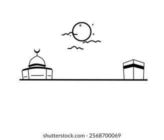 Al Isra Wal Miraj line art. isra miraj celebration. The night journey of the Prophet Muhammad. January 9. Cartoon Vector illustration design for Poster, Banner, Greeting, Card, Flyer, Post, Cover.