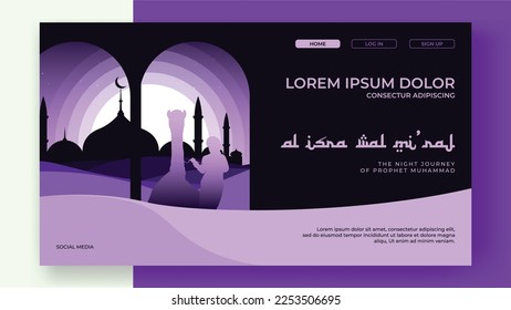 Al Isra wal Miraj the night journey of prophet muhammad Landing Page Background vector illustration islamic background ceremony, for web page, banner, flyer, poster