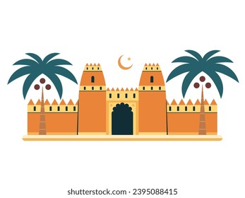 Al Jahili Fort in United Arab Emirates icon in flat design. Ancient desert fortification and famous landmark of Abu Dhabi scene with palm trees and islamic star and crescent symbol.