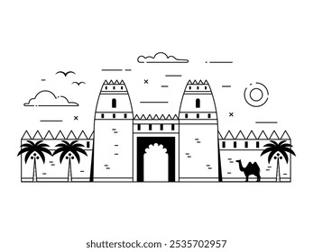 Forte Al Jahili nos Emirados Árabes Unidos ícone em design plano. Antiga fortificação do deserto e famoso marco da cena de Abu Dhabi com palmeiras e estrela islâmica e símbolo crescente.