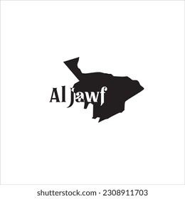 Al Jawf map and black lettering design on white background