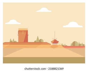 The Al Khor watchtowers on Qatar's eastern coast .Landmark in earth tone,Beige,terra cotta and green color with noise and grainy texture.Vector for Qatar Map 2022.Doha Qatar