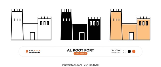 Al Koot Fort Line Ícone. Doha, Catar, Marco, Silhueta, Vetor de Cores, Traço Editável.