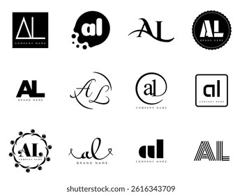 AL logo company template. Letter a and l logotype. Set different classic serif lettering and modern bold text with design elements. Initial font typography. Collection trendy business identity.