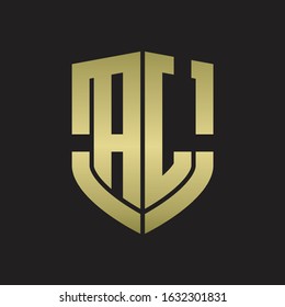 AL Logo monogram with emblem shield shape design isolated gold colors on black background