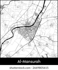 Mapa de la ciudad de Al Mansurah, Egipto - Afiche de mapa de Vector topográfico