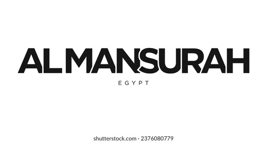 Al Mansurah in the Egypt emblem for print and web. Design features geometric style, vector illustration with bold typography in modern font. Graphic slogan lettering isolated on white background.