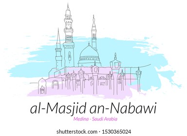 Al Masjid An Nabawi Mecca Saudi Arabia Hand Drawn Sketch. Vector Illustration.