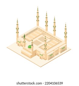 Al Masjid Nabawi Mosque At Madinah Saudi Arabia Famous Religion Building Landmark Isometric Illustration Vector