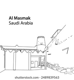 Al Masmak Fort Line Art Illustration for Saudi Arabia National Day Celebration
