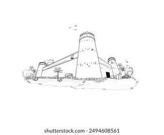 Al Masmak fort in the Riyadh city, Saudi Arabia.Hand drawn vector illustration