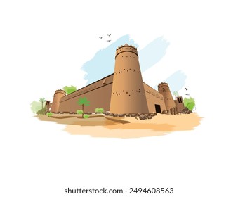 Al Masmak fort in the Riyadh city, Saudi Arabia.Hand drawn vector illustration