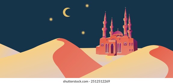 Al Shokr mosque in Tripoli Lebanon, Ramadhan Kareem, The Holy Month with moon, stars, mountains and mosque, seamless gradient vector illustration