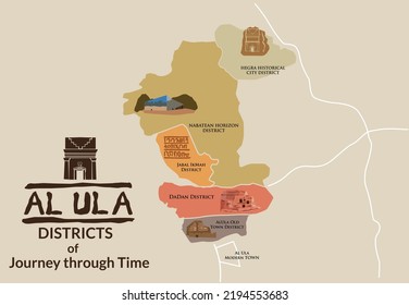 Al Ula Districts of Journey through Time Map concept with a symbolic landmark on each area. Editable Clip Art.