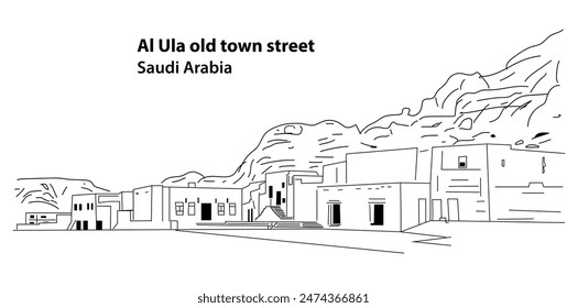 Al Ula old town street with traditional mud huts, Medina province, Saudi Arabia
