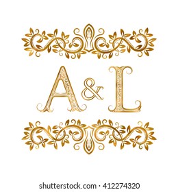 A&L vintage initials logo symbol. Letters A, L, ampersand surrounded floral ornament. Wedding or business partners initials monogram in royal style.