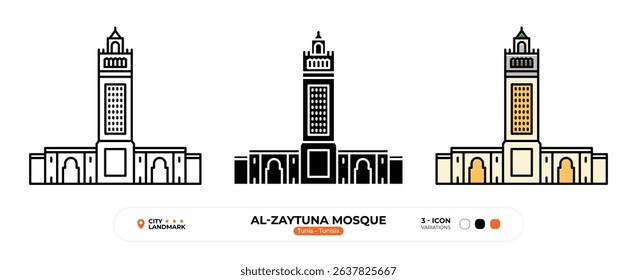 Al Zaytuna Mosque Line Icon. Tunis, Tunisia, Landmark, Silhouette, Color Vector, Editable Stroke.