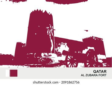 Al Zubara Fort, is a historic Qatari military fortress built under the oversight of Sheikh Abdullah bin Jassim Al Thani in 1938.Hand-drawn sketch in vector illustration with colors of Qatar's flag. 