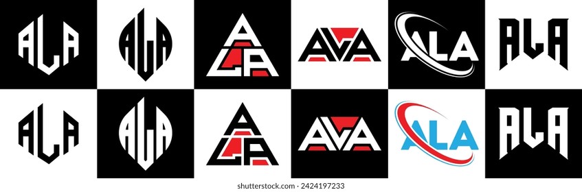 ALA letter logo design in six style. ALA polygon, circle, triangle, hexagon, flat and simple style with black and white color variation letter logo set in one artboard. ALA minimalist and classic logo