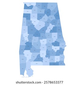 Alabama, AL - detailed political map of US state. Administrative map divided into counties. Blue map with county name labels. Vector illustration