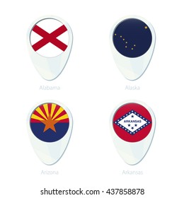 Alabama, Alaska, Arizona, Arkansas flag location map pin icon. Alabama State Flag, Alaska State Flag, Arizona State Flag, Arkansas State Flag. Vector Illustration.