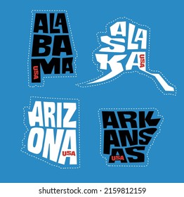Alabama, Alaska, Arizona, Arkansas state names distorted into state outlines. Pop art style vector illustration for stickers, t-shirts, posters and social media.