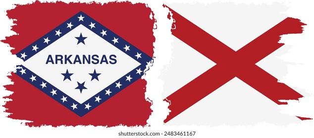 Alabama and Arkansas states grunge brush flags connection, vector