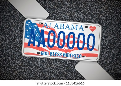 Alabama auto license plate, on the asphalt. Detailed object. Flat vector illustration.