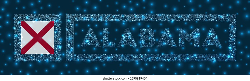 Alabama badge. Flag of Alabama in glowing network geometric style. Trendy vector illustration.