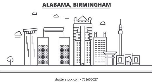 Alabama, Birmingham architecture line skyline illustration. Linear vector cityscape with famous landmarks, city sights, design icons. Landscape wtih editable strokes