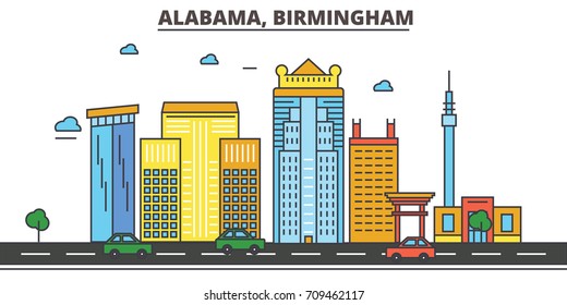 Alabama, Birmingham.City skyline: architecture, buildings, streets, silhouette, landscape, panorama, landmarks. Editable strokes. Flat design line vector illustration concept. Isolated icons