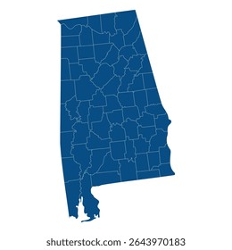 Alabama con el mapa de la ciudad. Mapa del estado de Alabama en color azul. 