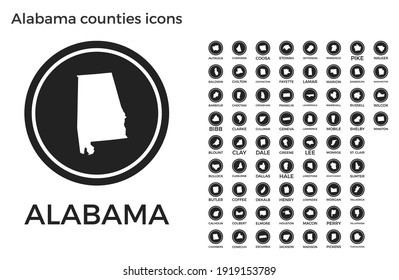 Alabama counties icons. Black round logos with US state counties maps and titles. Vector illustration.