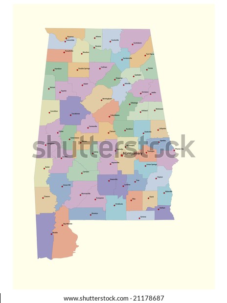 Alabama Counties Map County Seats 72 Stock Vector Royalty Free 21178687 2928
