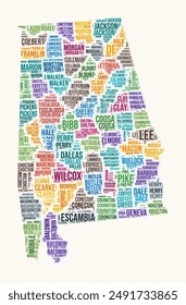 Nube de palabras del condado de Alabama. Logotipo del estado. Condados tipografía estilo Imagen de Vector. Nube de texto coloreada de Alabama. Increíble Ilustración vectorial.