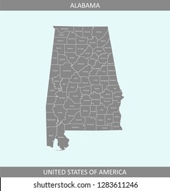 Alabama county map vector outline gray background. Counties map of Alabama state of USA in a creative design
